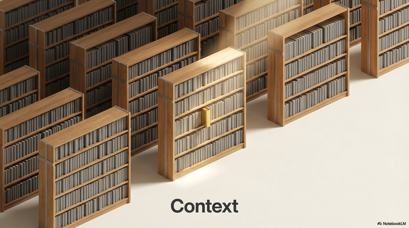 Context — 図書館の棚から特定の本が光って取り出されるイメージ