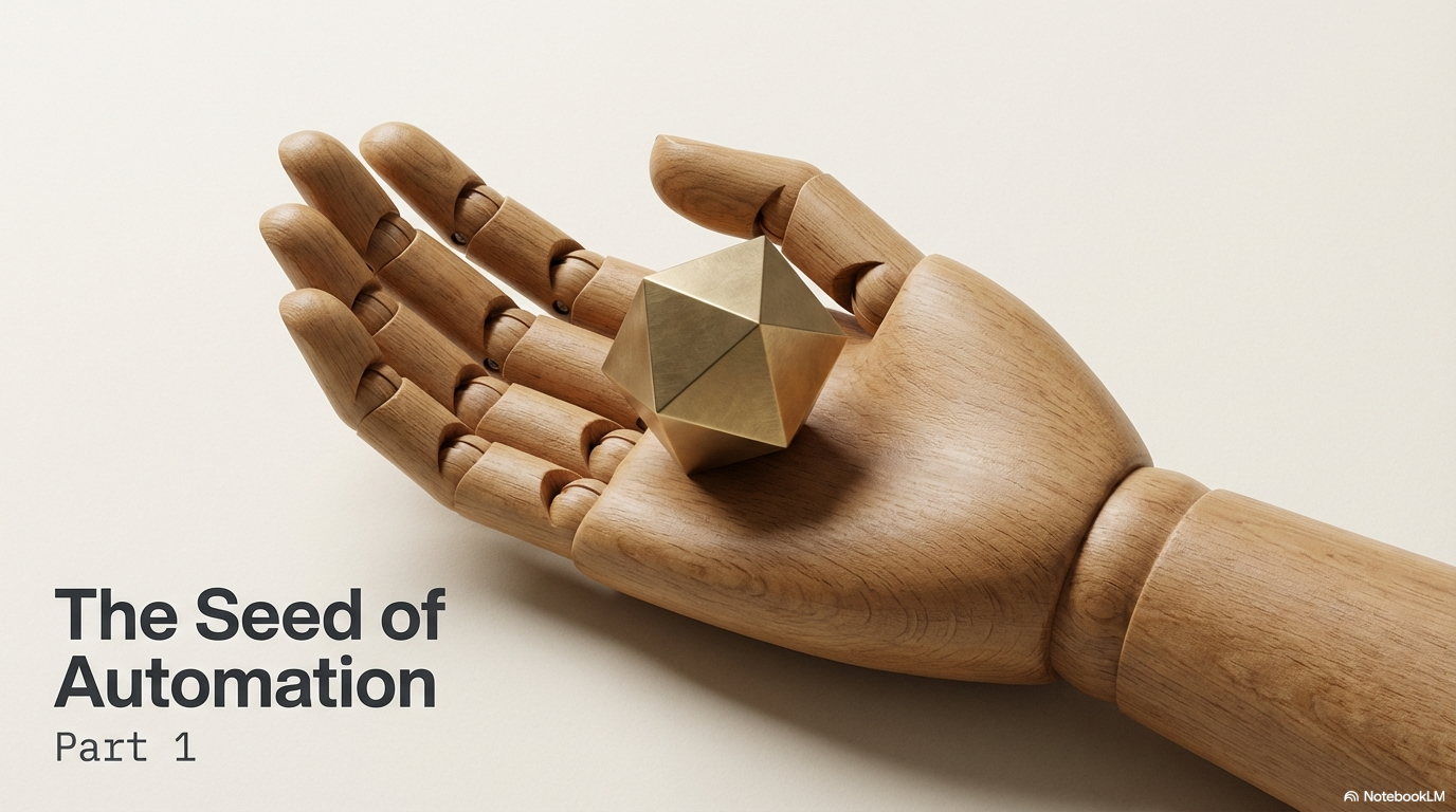 The Seed of Automation Part 1 — 木の手が幾何学オブジェクトを持つイメージ